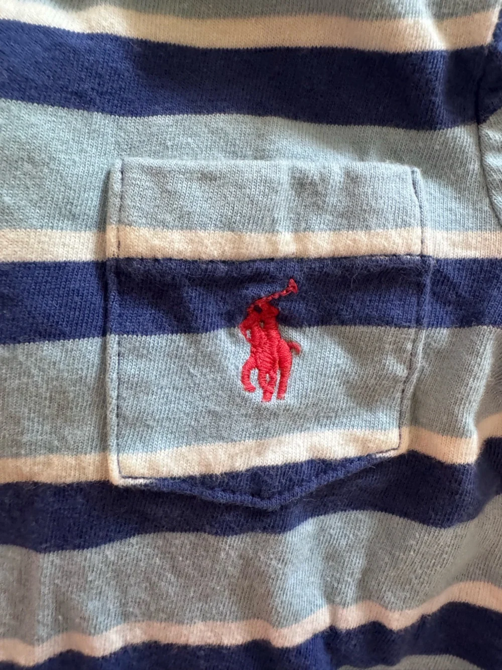 Ralph Lauren Light Blue and Navy Striped Baby One-Piece with Pocket